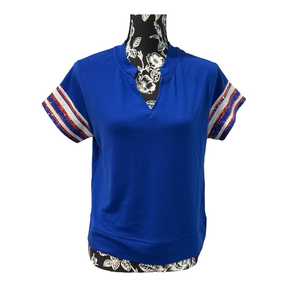 Gameday Blue Orange Sequin Sleeve Top Split Neck XS NWT - Picture 3 of 13
